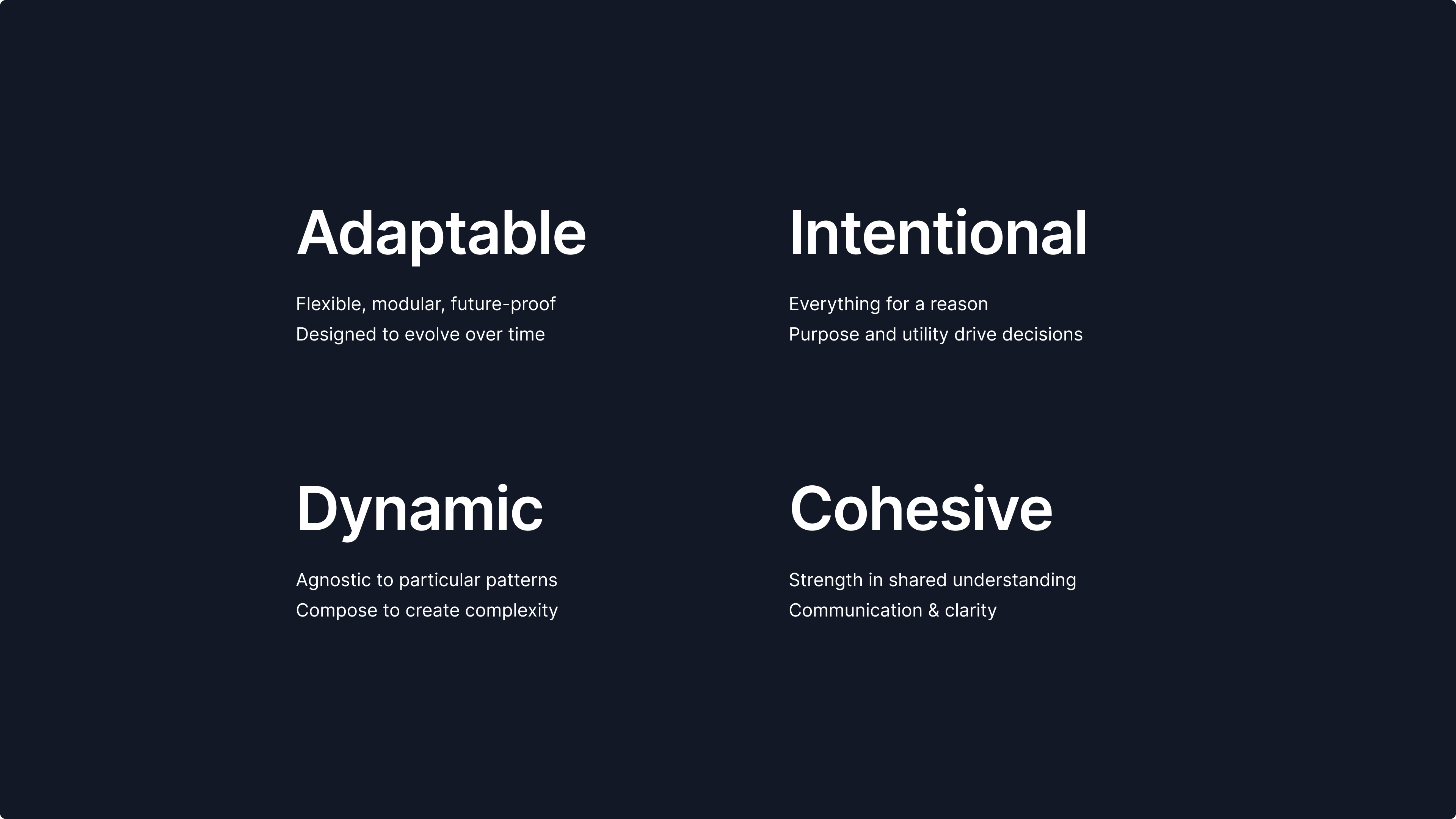 Breakdown of core design principles: adaptable, dynamic, intentional, and cohesive